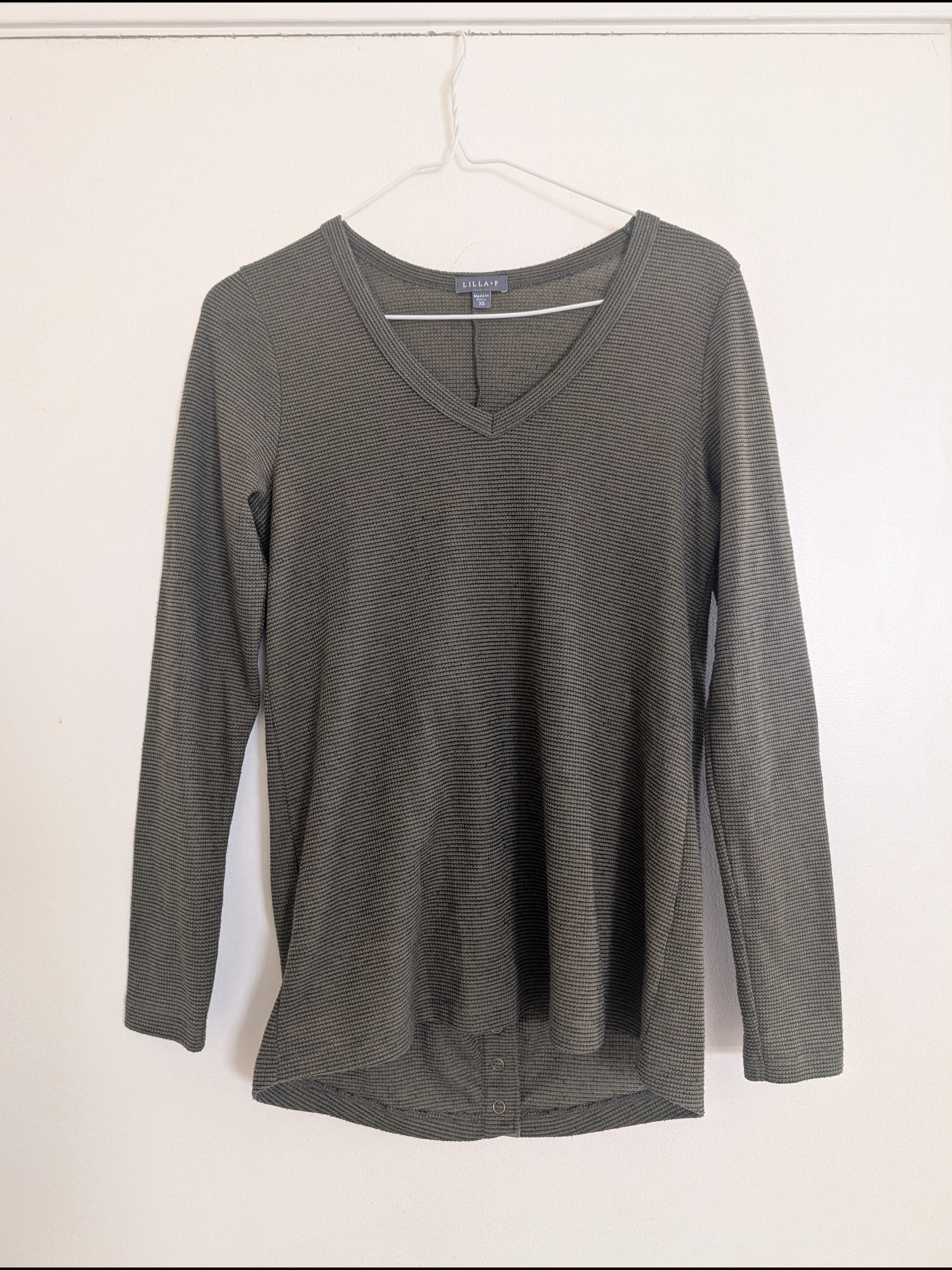 Lilla P Olive Ribbed V-Neck Long Sleeve Thermal Top